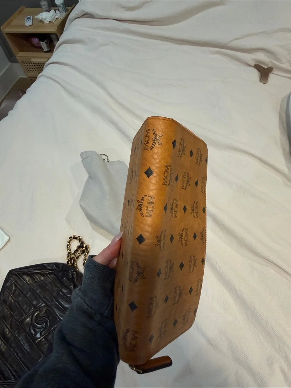 MCM Visetos Zip Wallet in Cognac Brown with Black Logo